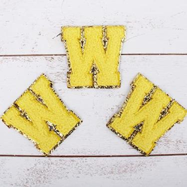 Imagem de Pacote com 3 adesivos de Chenille Iron On Glitter Varsity Letter 5 cm de altura "W" - Tecido de chenille amarelo com acabamento em glitter dourado - Costurar ou passar a ferro - 5 cm YEL W