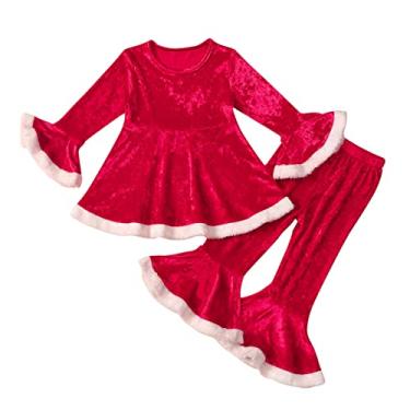 Imagem de Macacão infantil infantil infantil para meninas cosplay de Natal patchwork manga trompete cropped tops para meninas adolescentes (vermelho, 3-4 anos)