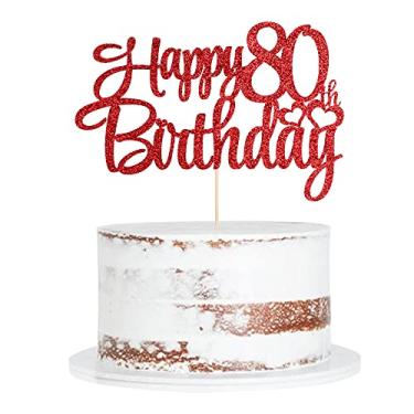 Imagem de db11 Topo de bolo vermelho de aniversário de 80 anos, topo de bolo de feliz aniversário de 80 anos, decorações de bolo de festa de 80 anos (comprimento 19 cm x largura 16,7 cm)