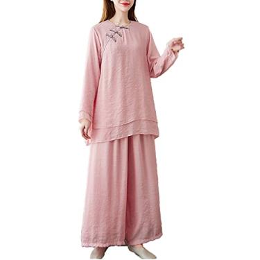 Imagem de Yajun Spring Tang Terno Feminino Chá Zen Roupas Retrô Estilo Chinês Tradicional Yoga Algodão Terno Duas Peças Kung Fu Uniforme, Rosa, M (Busto: 100cm)