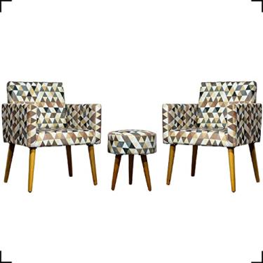 Imagem de Kit 2 Poltronas Cadeiras Para Sala Decorativas Reforçadas Confortáveis Para Recepção Manicure Sala De Espera + Puff Redondo Estampa Cores Pé Castanho - Clique & Decore (Triangulo Bege)