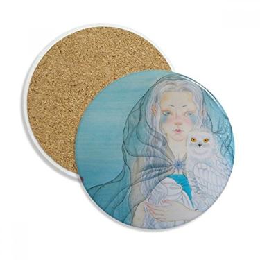 Imagem de Caneca de coruja azul branca menina estilo chinês aquarela porta-copos caneca de mesa pedra absorvente de proteção de mesa