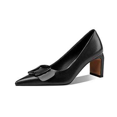 Imagem de TinaCus Sapato escarpim feminino de couro legítimo bico fino feito à mão com salto médio sem cadarço elegante com fivela, Preto, 9