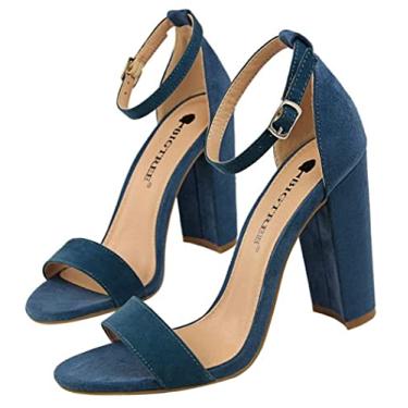Imagem de CRETUAO Sandálias femininas de salto aberto, sandálias sensuais com tiras, salto grosso, formal, estilo feminino, sandálias de plataforma simples e modernas, Azul, 4