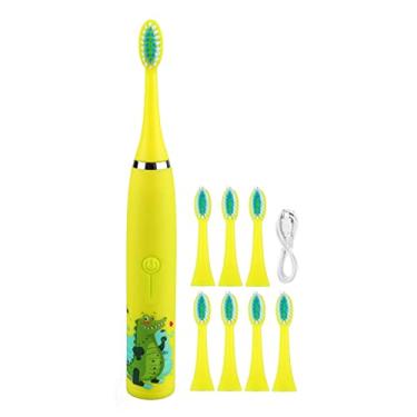 Imagem de Escova de Dentes Elétrica Infantil, Escova de Dentes Macia Recarregável por USB Com 8 Cabeças de Escova para Crianças, 4 Modos, Temporizador Inteligente (Amarelo)