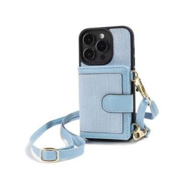 Imagem de Carteira crossbody de couro PU com porta-cartões capa de telefone para iPhone 14 Plus 13 Pro Max capa de plástico à prova de choque para prevenção de quedas, azul, para iPhone 14 Plus