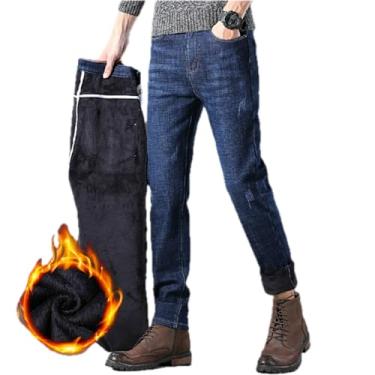 Imagem de Calças jeans calças jeans outono e inverno pelúcia e jeans grosso masculino slim fit reta stretch jeans calça longa masculina, 626 Azul (pelúcia), 34-35