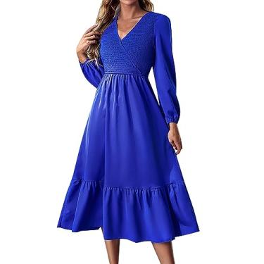 Imagem de UIFLQXX Vestido de coquetel feminino 2023 outono cor pura vestido envoltório manga longa decote em V cintura alta vestido evasê, Azul, G