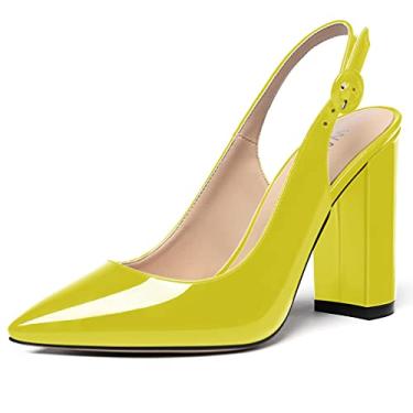 Imagem de WAYDERNS Sapatos femininos de couro envernizado bico fino tira no tornozelo salto alto bloco sapatos sexy vestido de casamento 4 polegadas, Amarelo, verde, 10