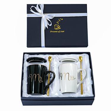 Imagem de Conjunto de Canecas de Café Jumway Mr and Mrs - Presente Romântico para Casais, Dia dos Namorados ou Casamento - 400 ml, Cerâmica, Chique, Preto e Branco