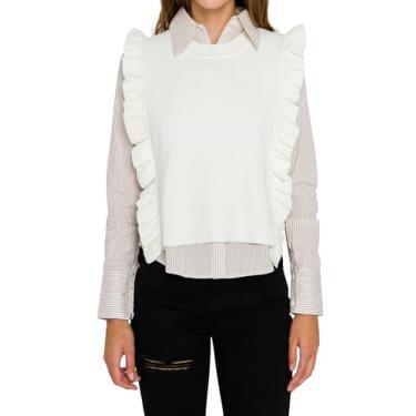Imagem de English Factory Camisa feminina de popelina com colete de malha removível, Marfim, X-Small