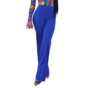 Imagem de Calça flare feminina plus size cintura alta jeans de verão calça social de algodão leve para trabalho, Azul, M
