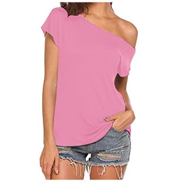 Imagem de Blusas femininas com ombros de fora, de manga curta, de manga curta, blusas de algodão, costas nuas, túnica de festa, rosa, GG