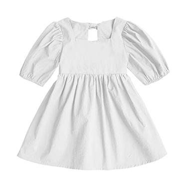 Imagem de Vestidos 4t para meninas manga longa gola redonda manga bufante vestido evasê vestido feminino 5 anos, Branco, 5-6 Anos