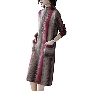 Imagem de Vestido midi envolvente moda gola rolê vestido feminino roupas femininas estampa listrada manga longa pulôver suéter vestidos de baixo, vermelho, E