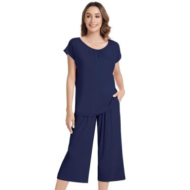 Imagem de NACHILA Conjunto de pijama feminino – viscose feito de bambu, manga curta, plissado, pijama legal com calça capri P-2GG, Azul marinho, G
