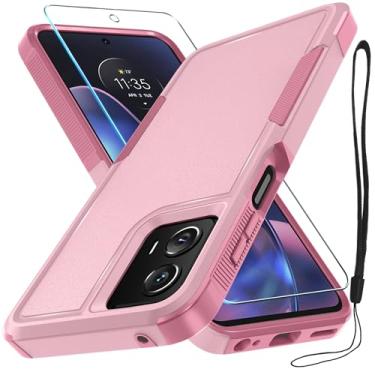 Imagem de Capa para Motorola Moto G 5G 2024, capa protetora de celular resistente à prova de choque de corpo inteiro com alça de cordão, protetor de tela de vidro temperado, rosa fofo
