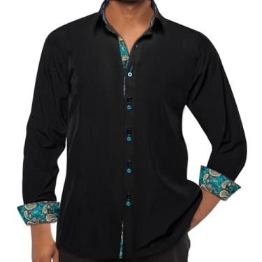 Imagem de DiBanGu Camisa social masculina de manga comprida, ajuste regular, botões com alfinete de gola, cor contrastante interna, Preto e azul-petróleo, 3G