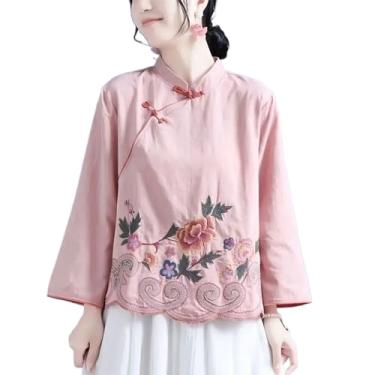 Imagem de Blusa feminina estilo chinês bordado de algodão e linho Hanfu verão retrô fivela manga nove pontos, rosa, M