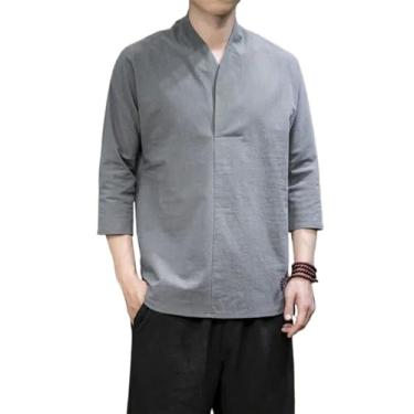 Imagem de Camiseta verão fina Hanfu mangas 3/4 cor sólida Kung Fu roupas Harajuku estilo chinês algodão linho camisa, Cinza, G