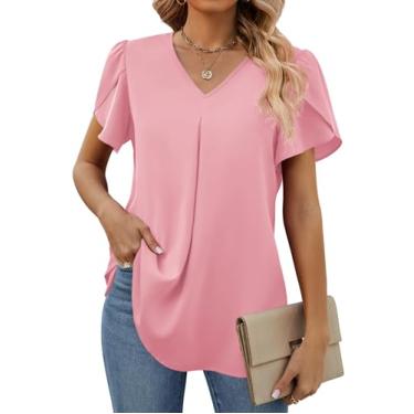 Imagem de Funlingo Blusas femininas de verão de manga curta de chiffon elegantes com decote em V, túnica de trabalho, camisetas casuais soltas, rosa, XXG