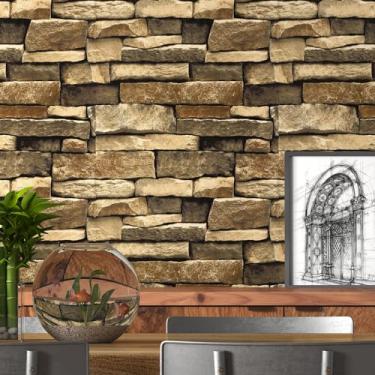 Imagem de Papel de parede de pedra de tijolo 45 cm x 299 cm papel de parede autoadesivo pedra contato papel de parede 3D pedra texturizada vintage removível papel de parede para lareira cozinha vinil