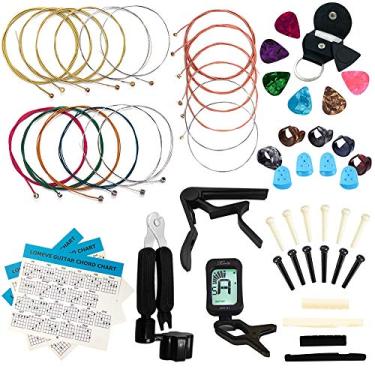 Imagem de LOMEVE O kit de acessórios para guitarra inclui cordas de violão acústico, afinador, capo, ferramenta de retenção 3 em 1, palhetas, suporte de palhetas, pinos de ponte, porcas e selas, protetor de dedo, palhetas de dedo, tabela de acordes (58 peças)