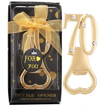 Imagem de Conjunto de 24 abridores de garrafa criativos para lembrancinhas de festa de aniversário de 70 anos ou presentes de festa de aniversário de 70 anos, presentes de festa de aniversário com tema preto e dourado, decorações de lembranças para convidados (24, ouro 70)