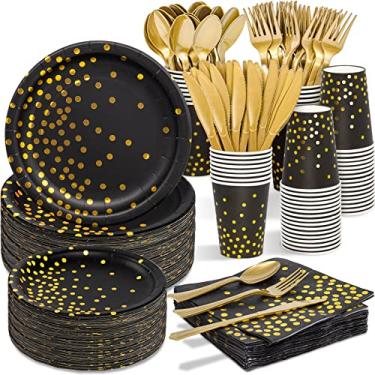 Imagem de Decoração de Ano Novo 2025 em preto e dourado – Conjunto de louça descartável com 350 peças, pratos de papel preto, guardanapos, copos, facas de garfo de plástico dourado, colher para decoração de