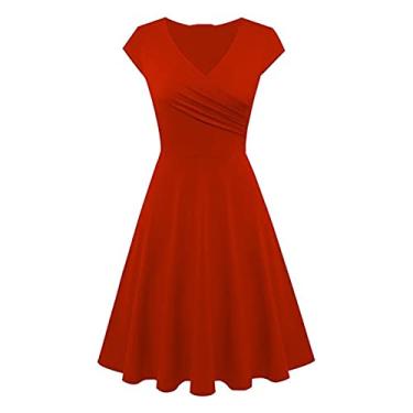 Imagem de Vestido feminino midi comprimento até o joelho vestido túnica slim manga curta decote V verão outono 2024, I-022 Vermelho, GG