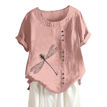 Imagem de Camiseta feminina com estampa de libélula, blusas de linho, gola redonda, manga curta, túnica, caimento solto, camisa de verão, rosa, G