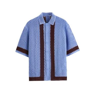 Imagem de ikasus Suéter masculino casual de malha cardigã aberto de verão camisa polo contrastante estilo urbano, azul 3GG