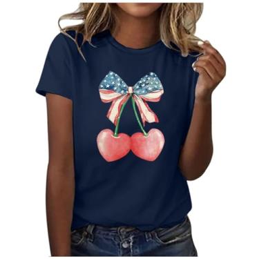 Imagem de Camiseta feminina com bandeira americana de manga curta com estampa de cereja e gola redonda com estampa casual solta com bandeira dos EUA, Azul, GG