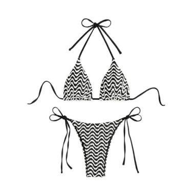 Imagem de SweatyRocks Conjunto de biquíni triangular, feminino, 2 peças, estampa geográfica, maiô amarrado lateral, Preto e branco, G