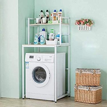 Imagem de Sobre a unidade de prateleira da máquina de lavar, prateleiras de madeira para banheiro de 2 camadas, sobre o rack de vaso sanitário para toalhas, xampus, branco