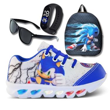 Imagem de Genérico, tenis de led infantil masculino sonic com luzinha meninos mais mochila com relogio e oculos Cor:Preto;Tamanho:25