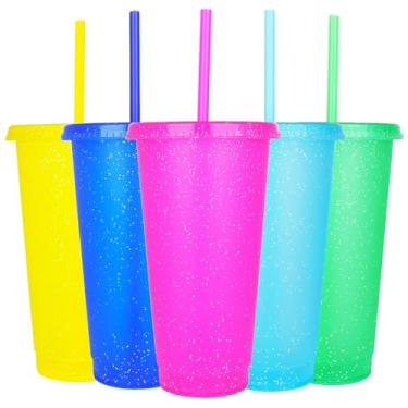 Imagem de Suertestarry Copos de plástico com tampas e canudos, garrafa de água, café gelado, caneca de viagem, copos reutilizáveis, perfeitos para festas, aniversários, 680 g-5 unidades (glitter espumante)