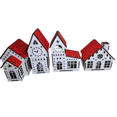 Imagem de Conjunto de 4 Casinhas de Natal Decorativas com Velas LED – Iluminação Natalina para Mesa, Prateleira ou Árvore – Decoração de Natal Artesanal com Detalhes em MDF e Telhados Vermelhos – Casinhas