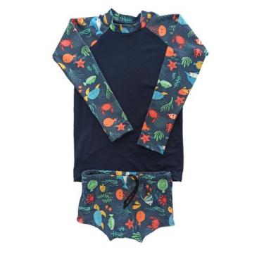 Imagem de Conjunto de praia infantil menino proteção UV - camiseta raglan e sung