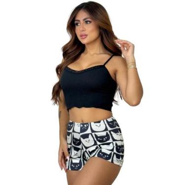 Imagem de Baby Doll Feminino Cropped Caneladinho e short estampado Mariane - FEM