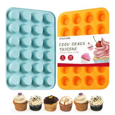 Imagem de Conjunto de 2 formas de silicone para mini muffin e cupcake, Little Cook, 24 xícaras, antiaderente, livre de BPA, lavável na lava-louças, perfeita para fazer muffin, bolos, azedo (laranja + azul