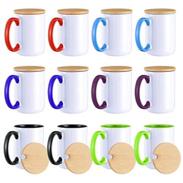 Imagem de RAINBOWTIE Conjunto de 12 canecas de sublimação de 425 g com tampa de bambu, Tazas Para Sublimar, conjunto de canecas, xícara de café com tampa, 6 cores sortidas