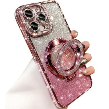 Imagem de Changjia Capa com suporte de glitter para iPhone 13 Pro Max, luxuosa, brilhante, diamante, strass, com protetor de câmera, anel de fluxo líquido, suporte de TPU (poliuretano termoplástico), capa