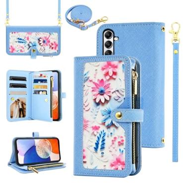 Imagem de Furiet Capa carteira floral para Samsung Galaxy A14/M14 5G com alça de pulso alça de ombro flip bolsa com zíper, suporte de cartão de couro PU de luxo acessórios capa de celular para A 14 4G 14 A 14 M
