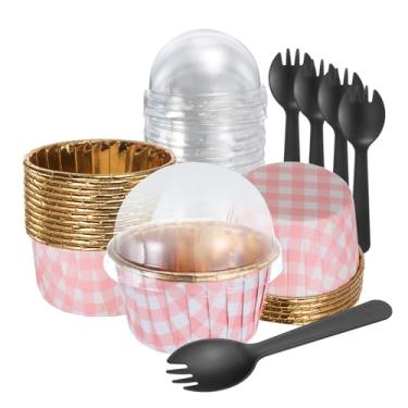 Imagem de HARFINGTON Forros de cupcake xadrez rosa dourado com tampas de cúpula, 50 peças de folha de alumínio de 100 ml, pequenas formas de assar com colheres a granel para festa de aniversário