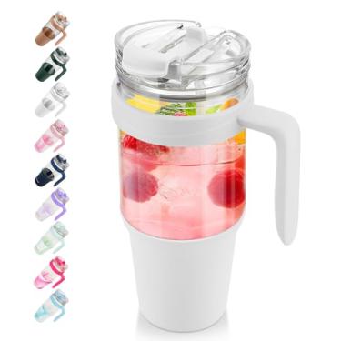 Imagem de Copo de vidro Tronco 1,2 l, com canudo articulado antivazamento e tampa de plástico, reutilizável, com alça, copo para café gelado, garrafas de água, compatível com porta-copos, perfeito para smoothie