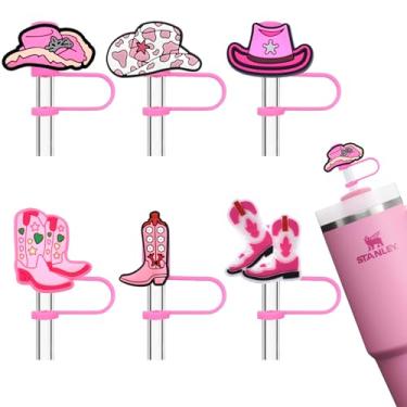 Imagem de Amreich Chapéu de cowboy Topper de palha botas de vaqueira capa de palha compatível com Stanley 30 copo de 1,134 g, 6 peças, capa de palha de silicone rosa, presentes bonitos para meninas ocidentais