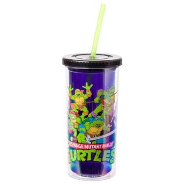 Imagem de Silver Buffalo Teenage Mutant Ninja Turtles TMNT com Leonardo, Raphael, Donatello e Michelangelo Copo Frio Alto com Tampa e Canudo, 590 ml