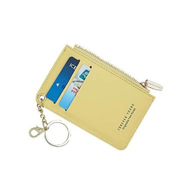 Imagem de Carteira pequena feminina de couro fina com porta-cartões e porta-moedas com chaveiro, Amarelo, P