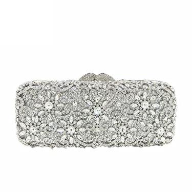 Imagem de Boutique De FGG Bolsa clutch feminina de cristal com flores brilhantes para festa formal com strass, bolsa de mão de casamento, mini, Prata, Small